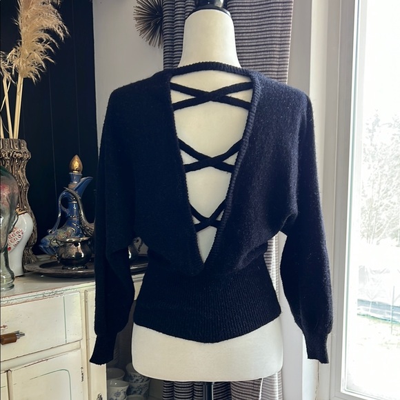 Vintage Sweaters - Women's Black Dolman Sleeve Crisscross Back Sweater True 80s Vintage